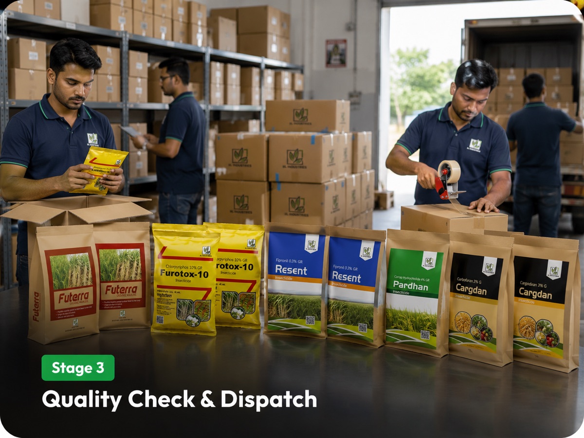 Team packing and dispatching finished fertilizer and pesticide products from warehouse
