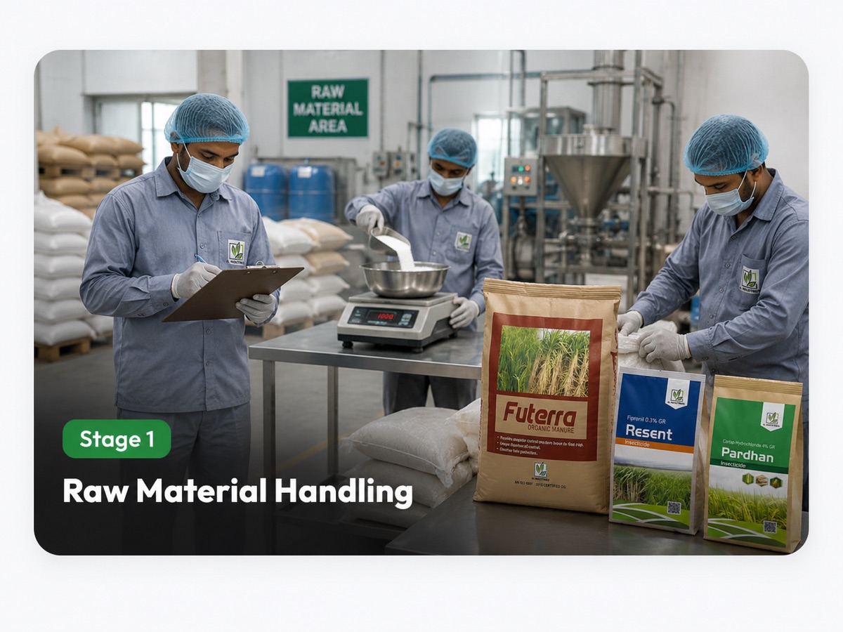 Workers checking and weighing raw ingredients in an agro manufacturing unit